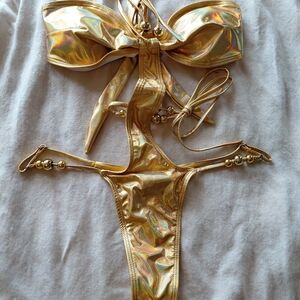 Gold Holographic Tie UpTakini Bikini Set with Bead Accents Size S